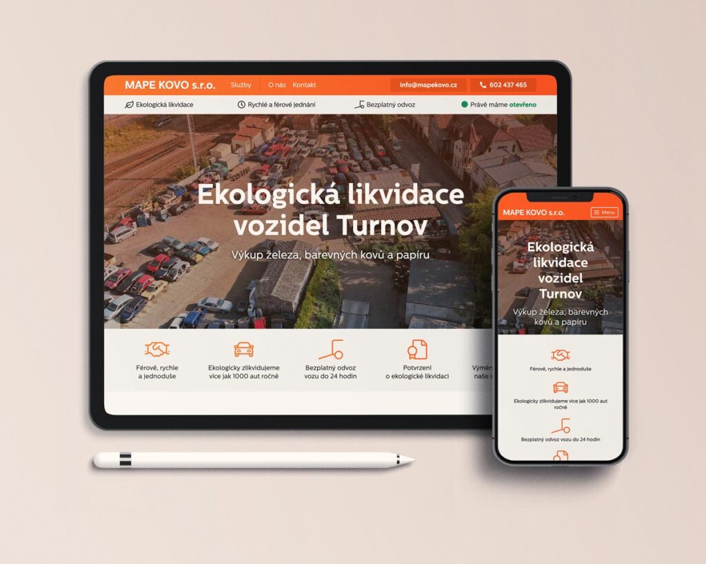 Mockup stránek MAPE KOVO v tabletu a mobilním telefonu